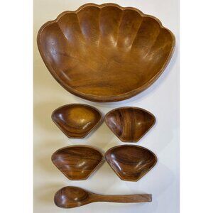 Vintage Mid Century Modern 6 Piece Monkey Pod Wooden Clamshell Bowl & Spoon Set